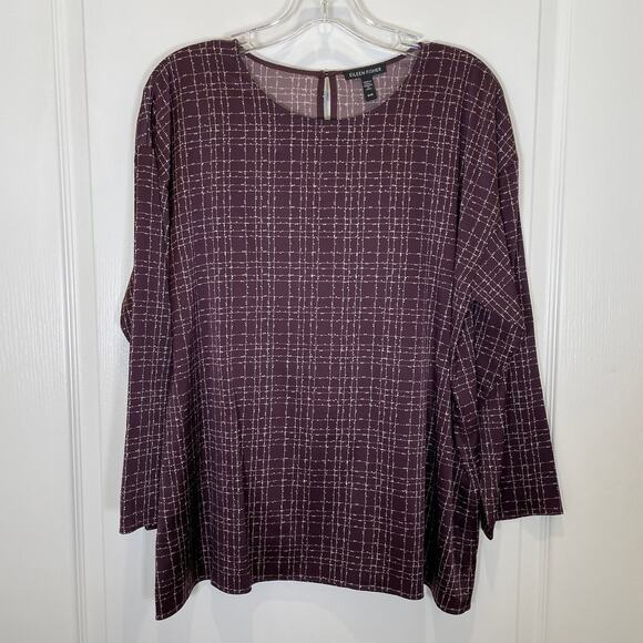 Eileen Fisher Cassis Stretch Silk Top Purple Grid Print Charmeuse Long Sleeve M - Picture 2 of 5